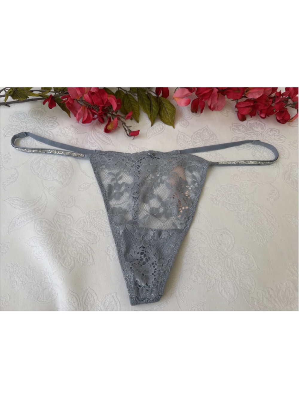 VICTORIA'S SECRET XL DREAM BLUE SHIMMER BLING STRAP V STRING THONG PANTIES NWT